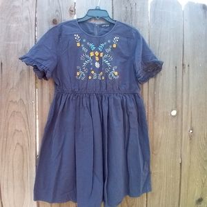 SHEIN Dress Womens Size XL Blue Pouf Elastic Waist Short Sleeve Embroidery
